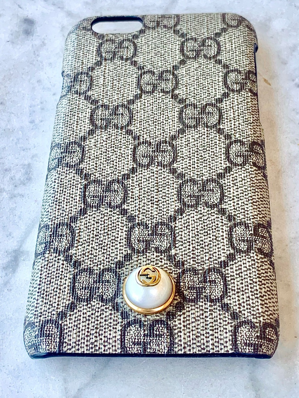 GUCCI GG SUPREME Monogram iPhone Case FAUX PEARLY COLLECTION Gold Accent ITALY